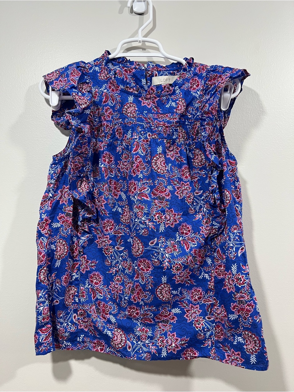 LOFT 100% Cotton Royal Blue Floral Ruffle Top Size XS